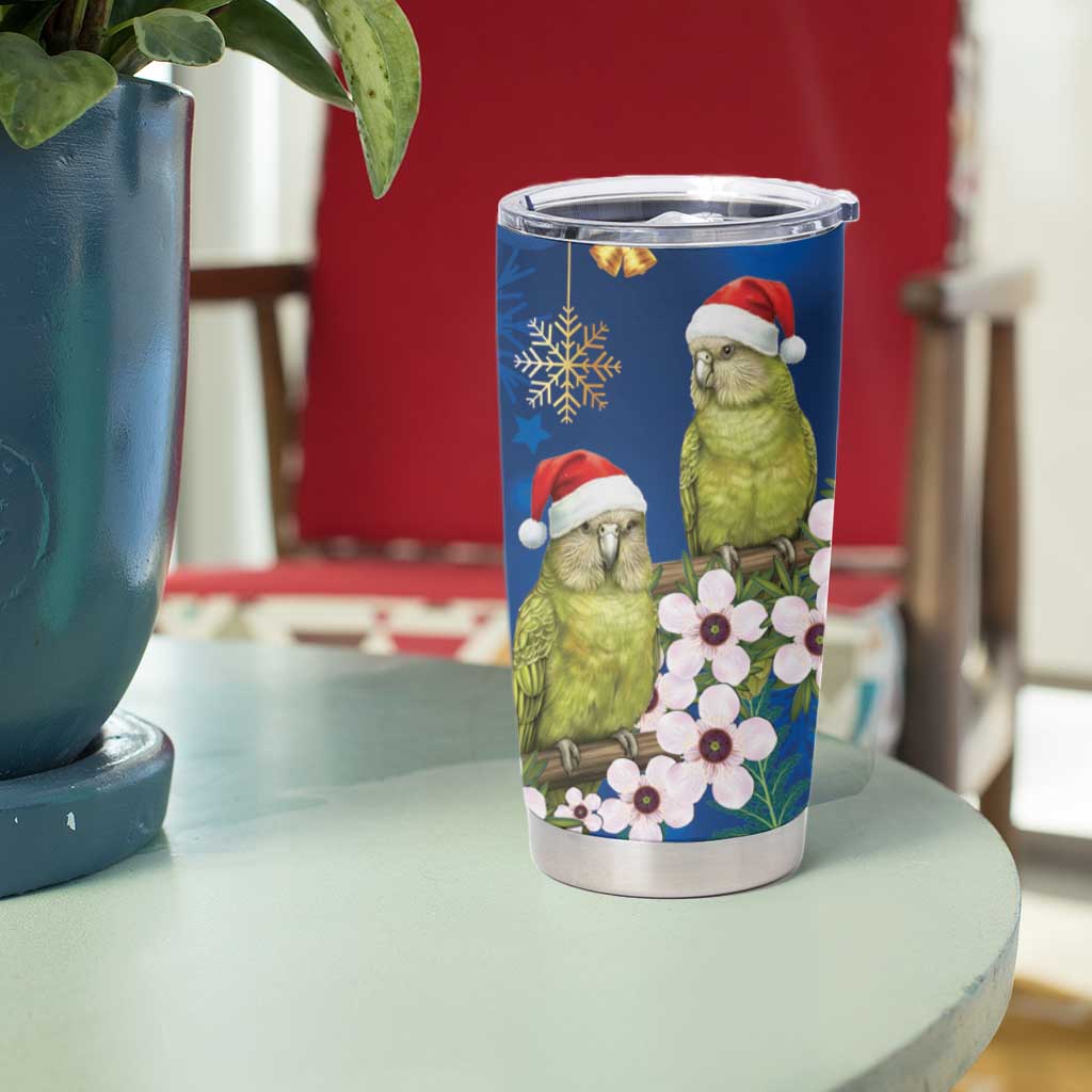 New Zealand Kakapo Christmas Tumbler Cup Owl Parrot Santa Sliver Fern Manuka - Blue - Polynesian Pride