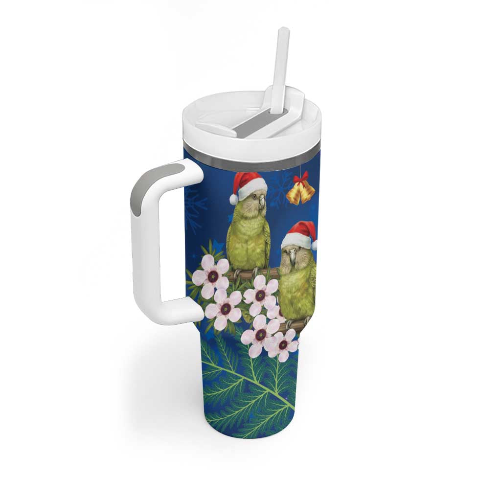 New Zealand Kakapo Christmas Tumbler With Handle Owl Parrot Santa Sliver Fern Manuka - Blue - Polynesian Pride