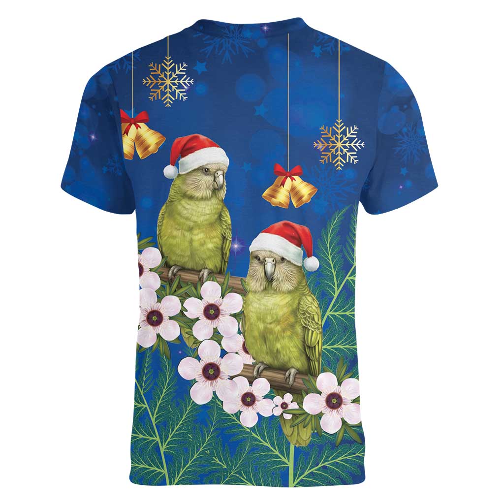 New Zealand Kakapo Christmas Women V-Neck T-Shirt Owl Parrot Santa Sliver Fern Manuka - Blue - Polynesian Pride