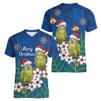 New Zealand Kakapo Christmas Women V-Neck T-Shirt Owl Parrot Santa Sliver Fern Manuka - Blue - Polynesian Pride