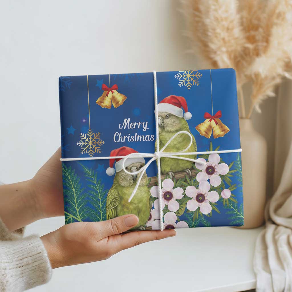 New Zealand Kakapo Christmas Wrapping Paper Owl Parrot Santa Sliver Fern Manuka - Blue - Polynesian Pride