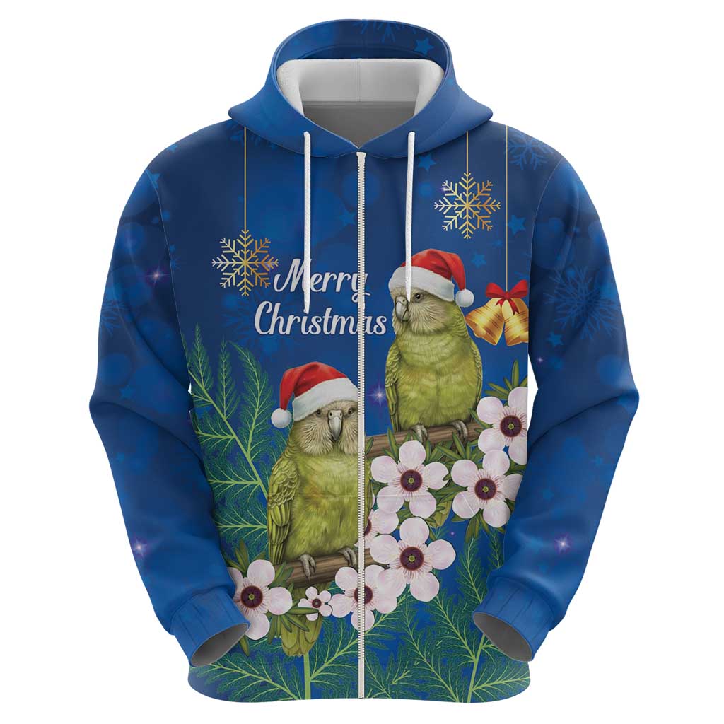 New Zealand Kakapo Christmas Zip Hoodie Owl Parrot Santa Sliver Fern Manuka - Blue - Polynesian Pride