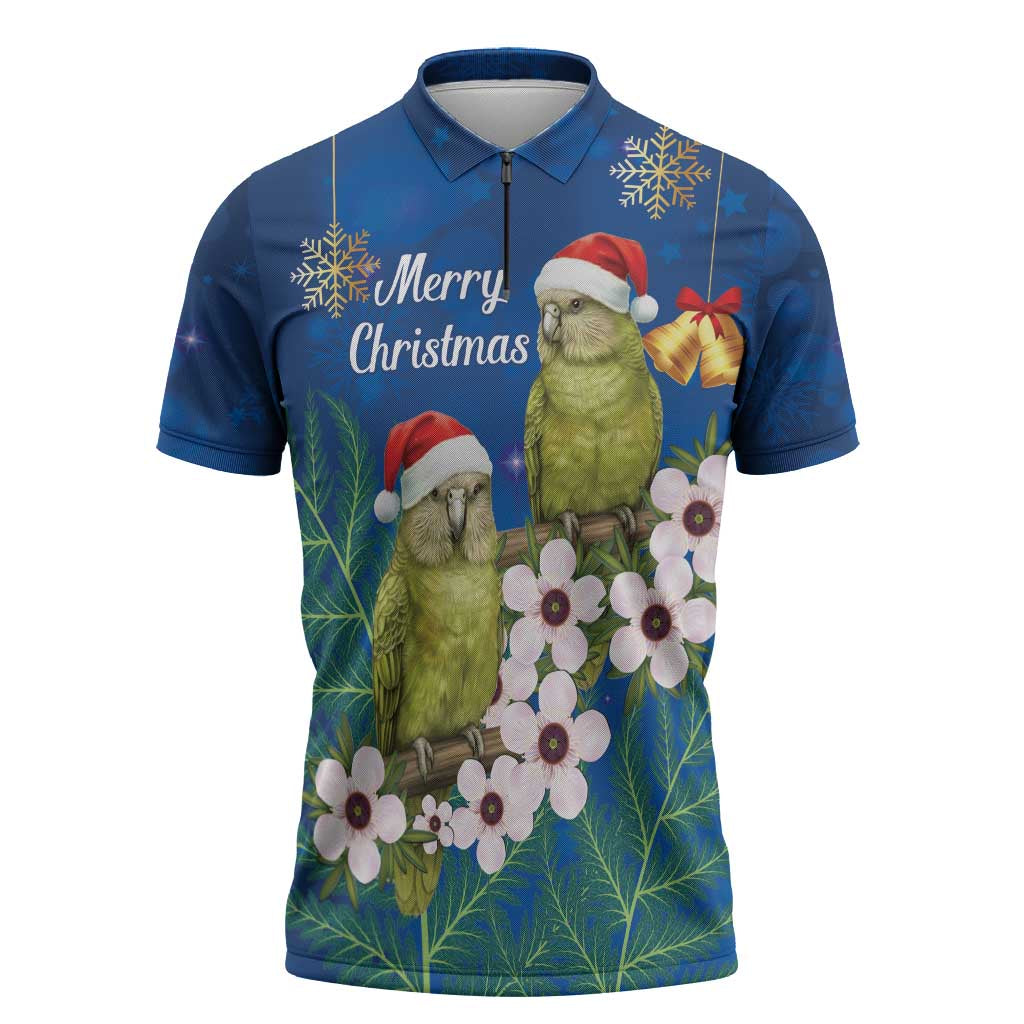 New Zealand Kakapo Christmas Zipper Polo Shirt Owl Parrot Santa Sliver Fern Manuka - Blue - Polynesian Pride