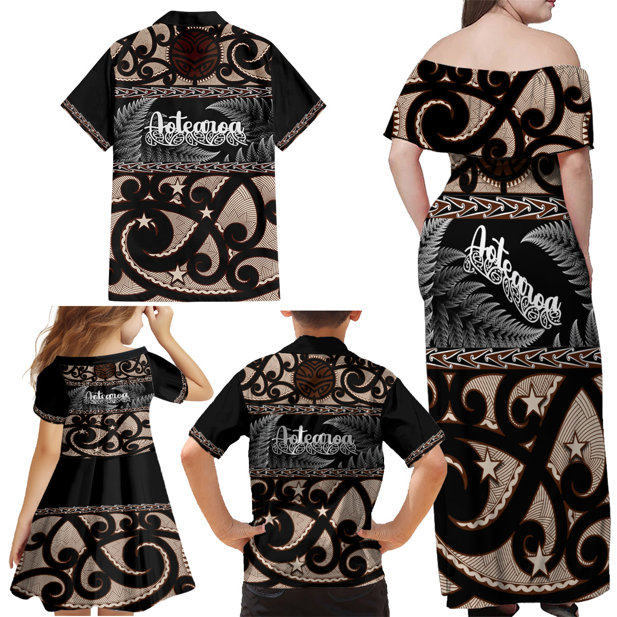 Kia Ora New Zealand Family Matching Off Shoulder Maxi Dress and Hawaiian Shirt Aotearoa Proud Maori With Silver Fern LT14 - Polynesian Pride
