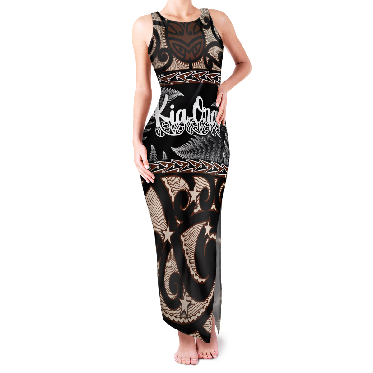 Kia Ora New Zealand Family Matching Tank Maxi Dress and Hawaiian Shirt Aotearoa Proud Maori With Silver Fern LT14 Mom's Dress Black - Polynesian Pride