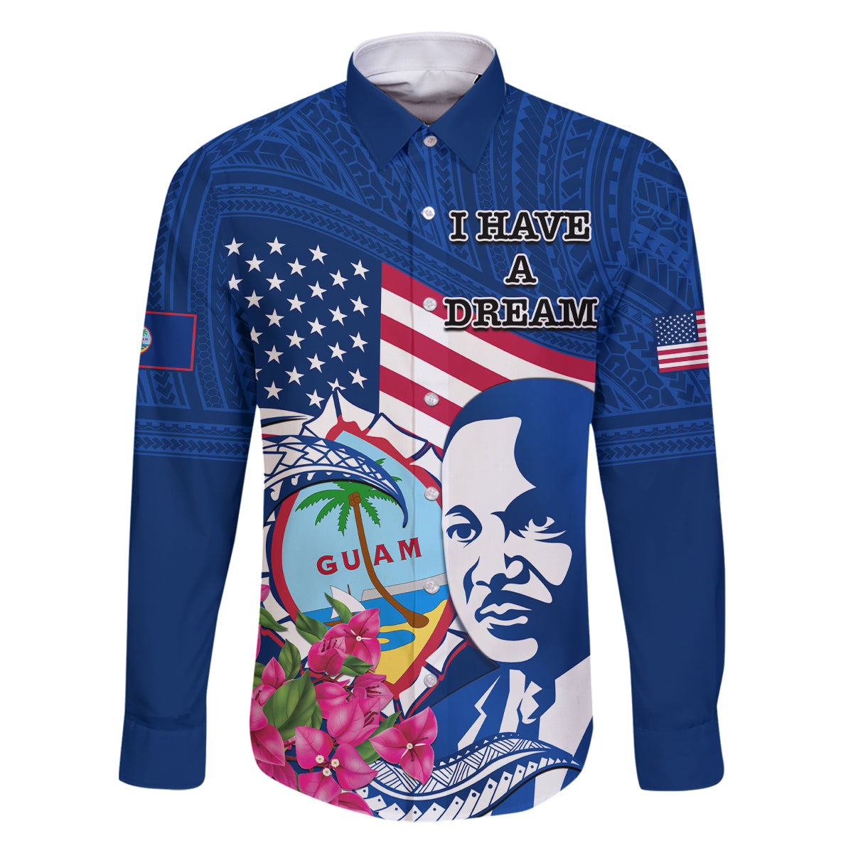 Guam Martin Luther King Jr Day Family Matching Off Shoulder Short Dress and Hawaiian Shirt I Have A Dream Guahan Seal With Bougainvillea LT14 Dad's Shirt - Long Sleeve Blue - Polynesian Pride