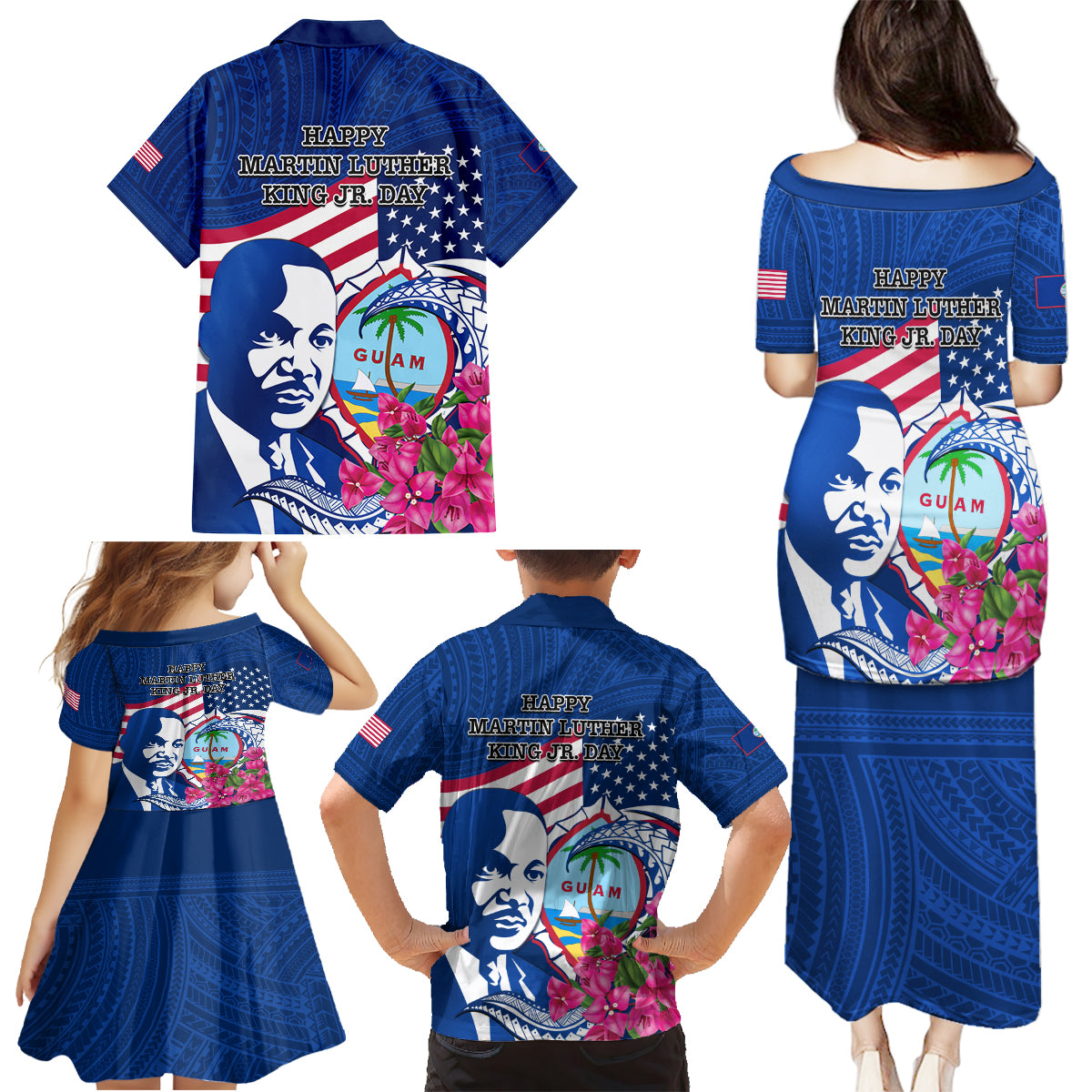 Guam Martin Luther King Jr Day Family Matching Puletasi Dress and Hawaiian Shirt I Have A Dream Guahan Seal With Bougainvillea LT14 - Polynesian Pride