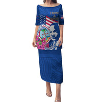 Guam Martin Luther King Jr Day Family Matching Puletasi Dress and Hawaiian Shirt I Have A Dream Guahan Seal With Bougainvillea LT14 Mom's Dress Blue - Polynesian Pride