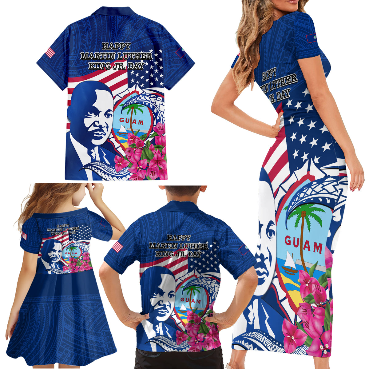 Guam Martin Luther King Jr Day Family Matching Short Sleeve Bodycon Dress and Hawaiian Shirt I Have A Dream Guahan Seal With Bougainvillea LT14 - Polynesian Pride