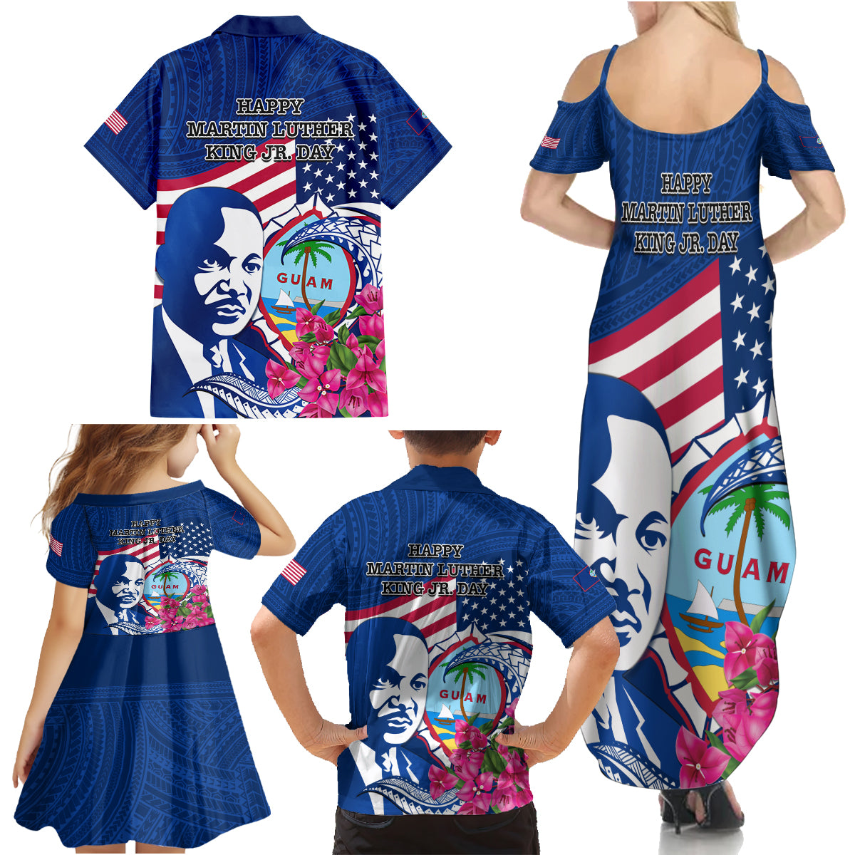 Guam Martin Luther King Jr Day Family Matching Summer Maxi Dress and Hawaiian Shirt I Have A Dream Guahan Seal With Bougainvillea LT14 - Polynesian Pride