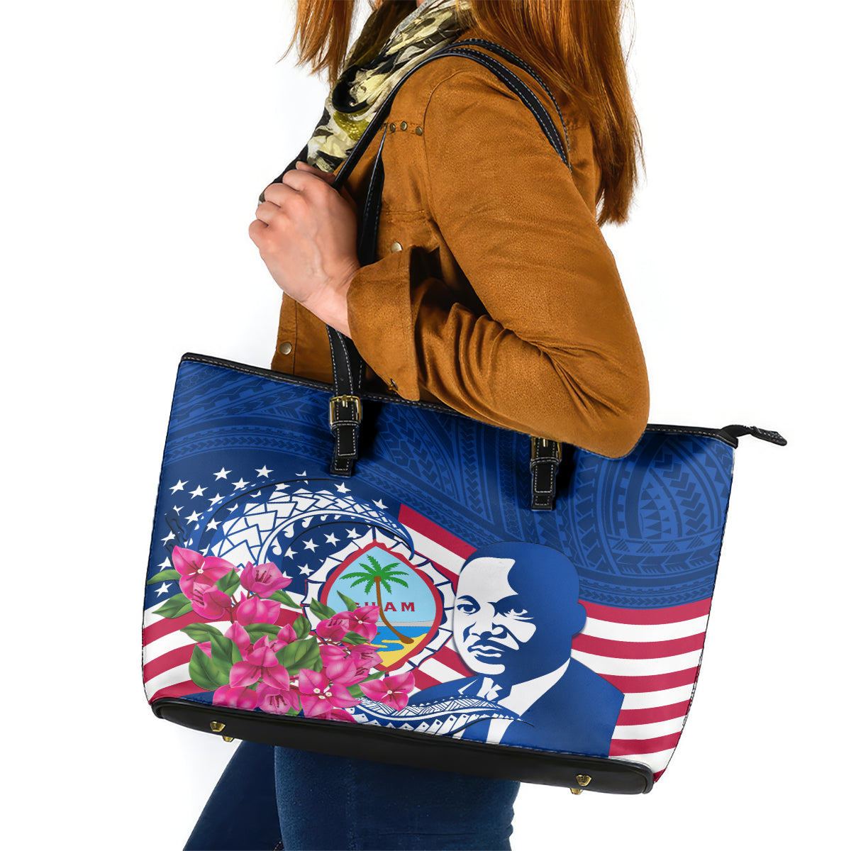 Guam Martin Luther King Jr Day Leather Tote Bag I Have A Dream Guahan Seal With Bougainvillea LT14 Blue - Polynesian Pride