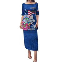 Guam Martin Luther King Jr Day Puletasi I Have A Dream Guahan Seal With Bougainvillea LT14 Long Dress Blue - Polynesian Pride