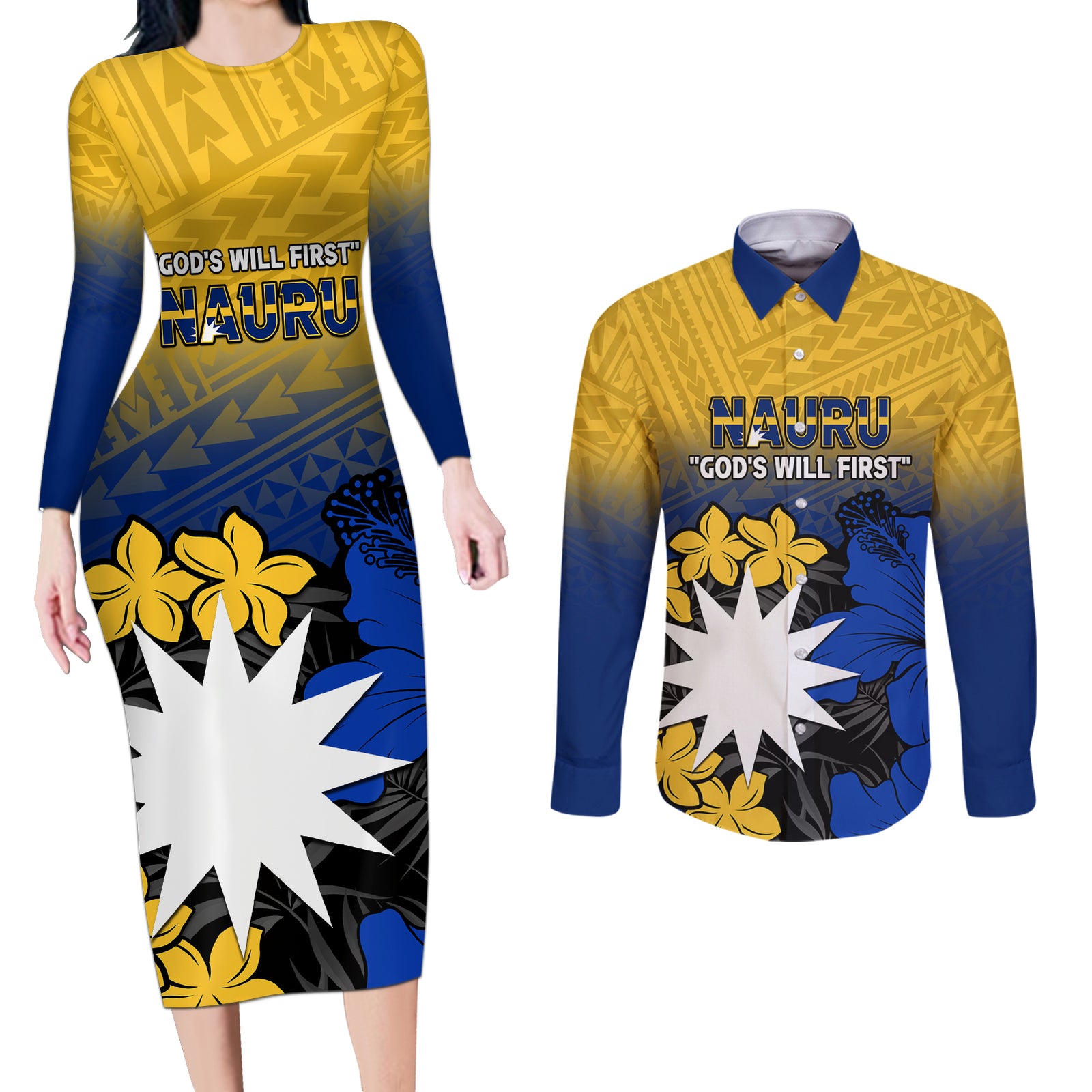 Nauru Independence Day Couples Matching Long Sleeve Bodycon Dress and Long Sleeve Button Shirt Repubrikin Naoero Polynesian Pattern LT14 Blue - Polynesian Pride