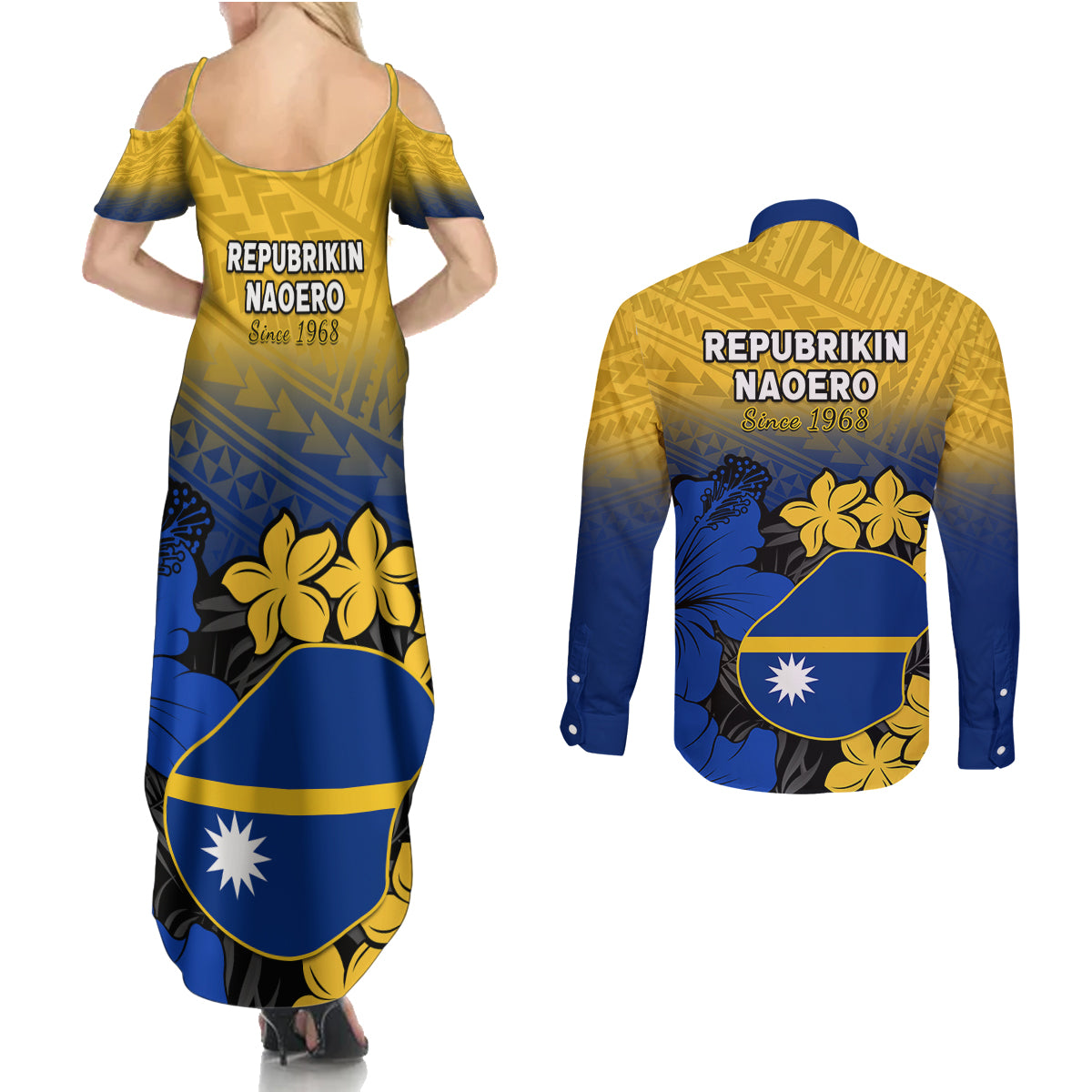 Nauru Independence Day Couples Matching Summer Maxi Dress and Long Sleeve Button Shirt Repubrikin Naoero Polynesian Pattern LT14 - Polynesian Pride