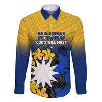 Nauru Independence Day Family Matching Off Shoulder Short Dress and Hawaiian Shirt Repubrikin Naoero Polynesian Pattern LT14 Dad's Shirt - Long Sleeve Blue - Polynesian Pride