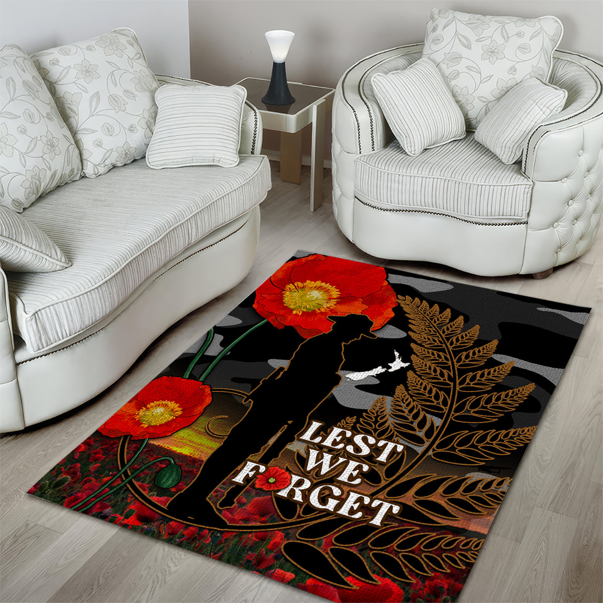 New Zealand ANZAC Day Area Rug Lest We Forget Silver Fern With Camouflage LT14 - Polynesian Pride