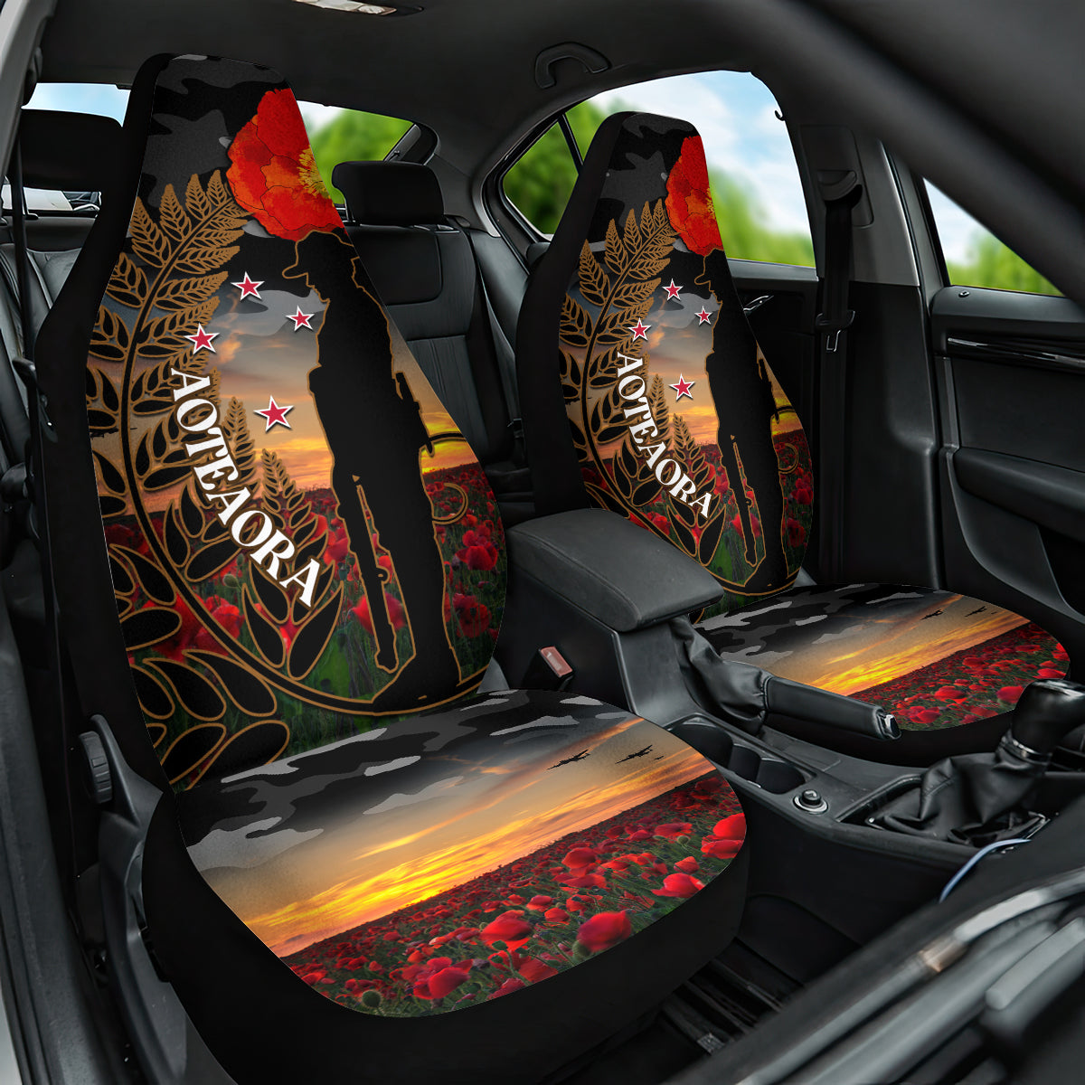 New Zealand ANZAC Day Car Seat Cover Lest We Forget Silver Fern With Camouflage LT14 One Size Black - Polynesian Pride