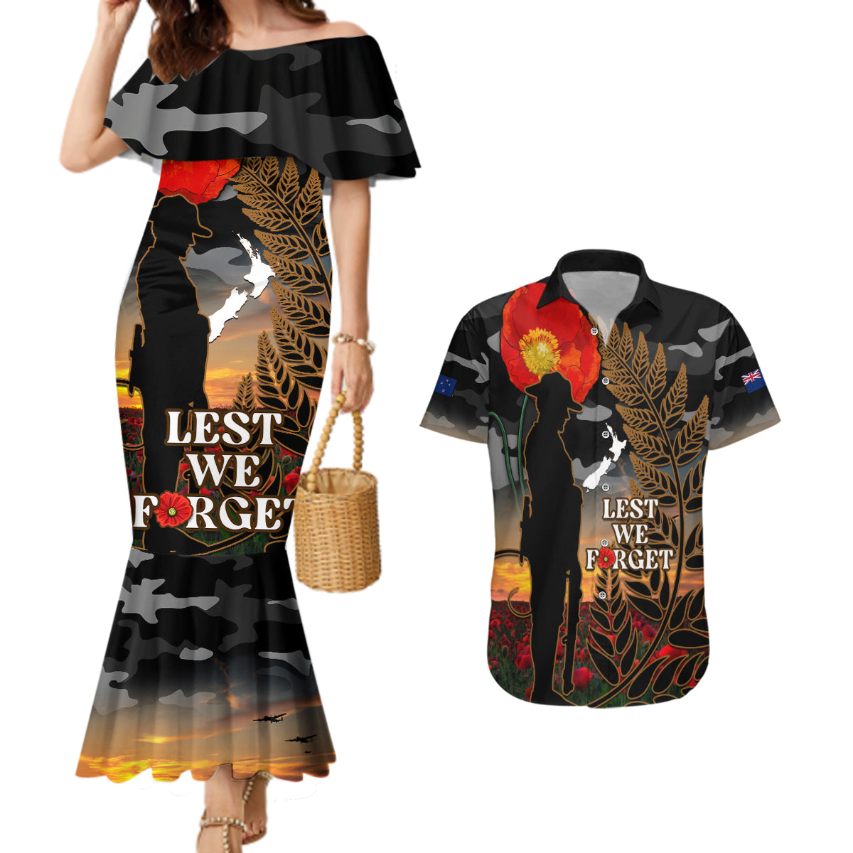 New Zealand ANZAC Day Couples Matching Mermaid Dress and Hawaiian Shirt Lest We Forget Silver Fern With Camouflage LT14 Black - Polynesian Pride