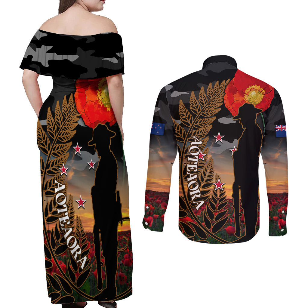 New Zealand ANZAC Day Couples Matching Off Shoulder Maxi Dress and Long Sleeve Button Shirt Lest We Forget Silver Fern With Camouflage LT14 - Polynesian Pride
