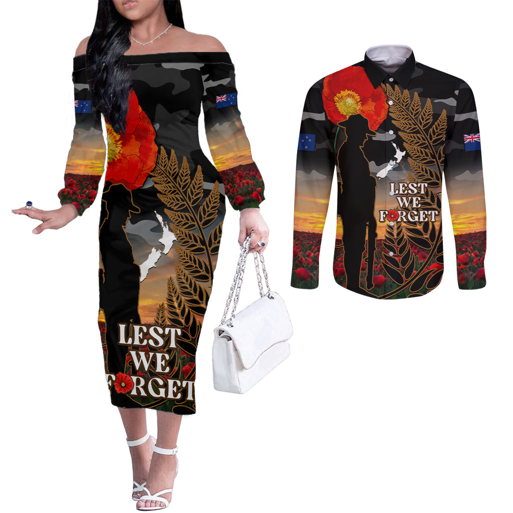 New Zealand ANZAC Day Couples Matching Off The Shoulder Long Sleeve Dress and Long Sleeve Button Shirt Lest We Forget Silver Fern With Camouflage LT14 Black - Polynesian Pride