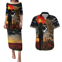 New Zealand ANZAC Day Couples Matching Puletasi Dress and Hawaiian Shirt Lest We Forget Silver Fern With Camouflage LT14 Black - Polynesian Pride