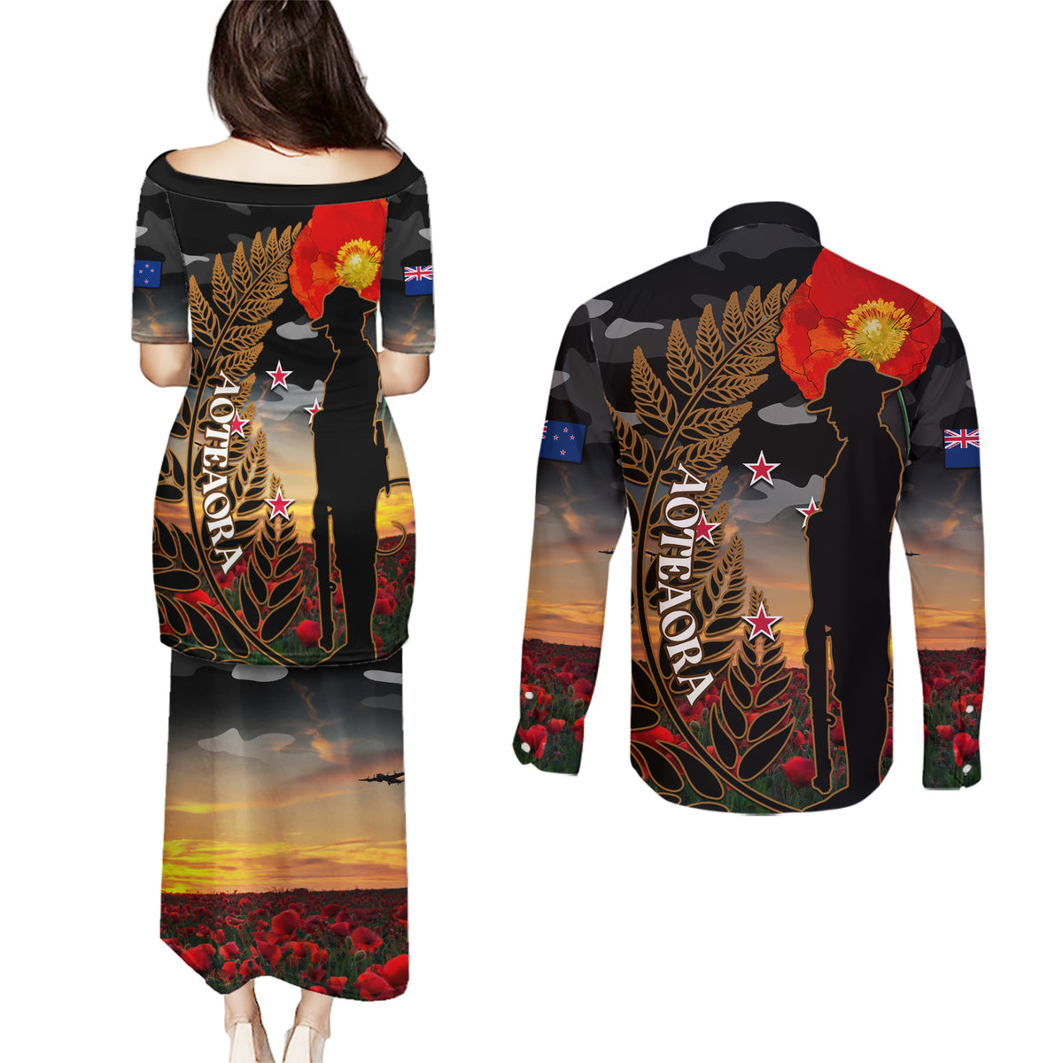 New Zealand ANZAC Day Couples Matching Puletasi Dress and Long Sleeve Button Shirt Lest We Forget Silver Fern With Camouflage LT14 - Polynesian Pride