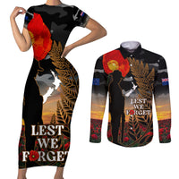New Zealand ANZAC Day Couples Matching Short Sleeve Bodycon Dress and Long Sleeve Button Shirt Lest We Forget Silver Fern With Camouflage LT14 Black - Polynesian Pride