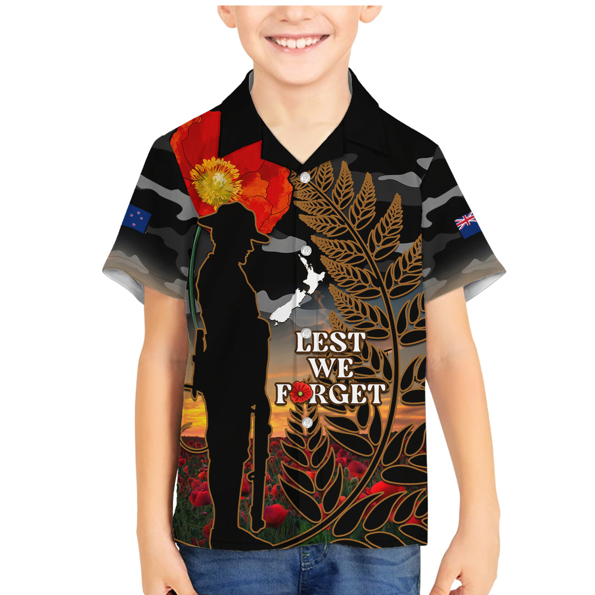 New Zealand ANZAC Day Family Matching Mermaid Dress and Hawaiian Shirt Lest We Forget Silver Fern With Camouflage LT14 Son's Shirt Black - Polynesian Pride