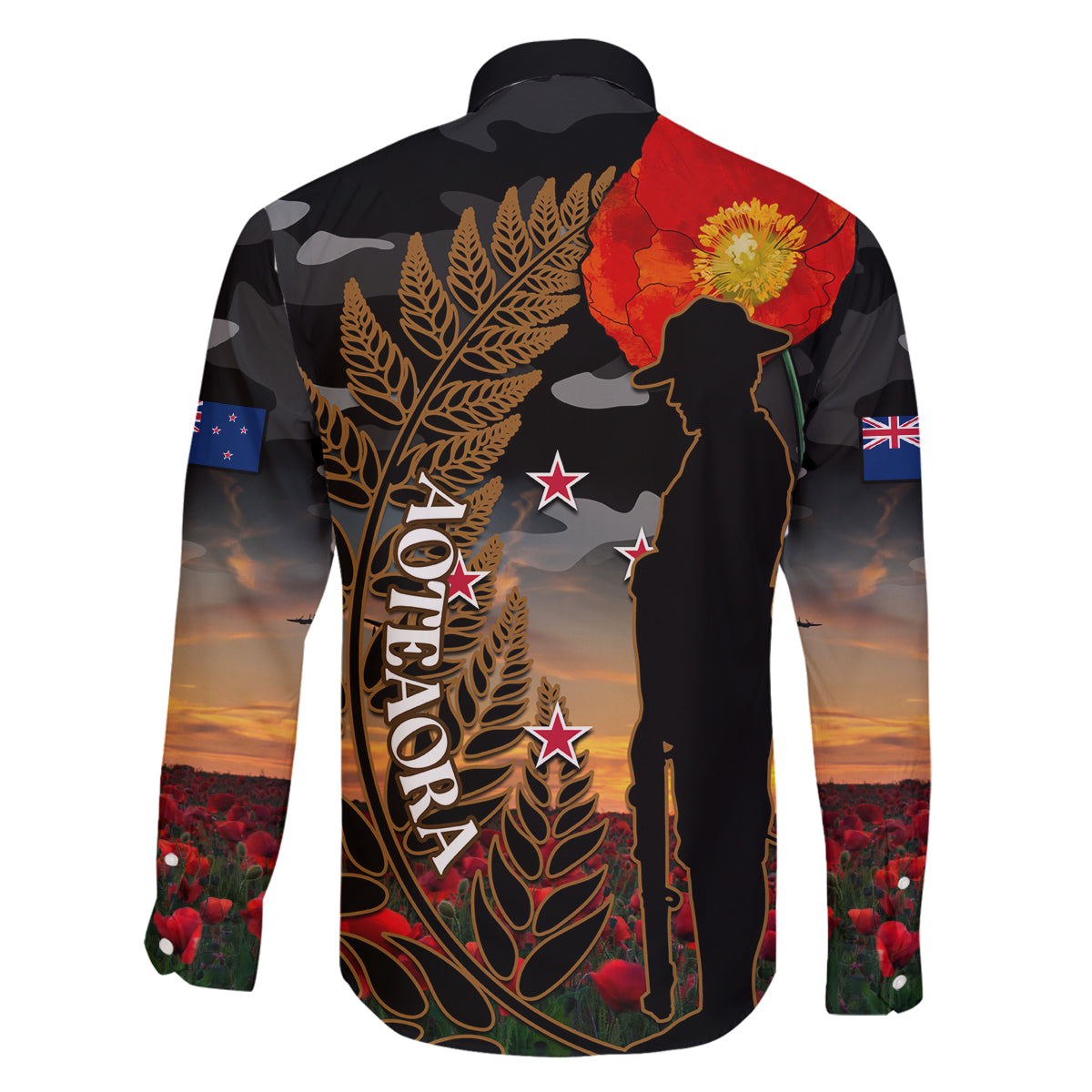 New Zealand ANZAC Day Family Matching Off Shoulder Long Sleeve Dress and Hawaiian Shirt Lest We Forget Silver Fern With Camouflage LT14 - Polynesian Pride