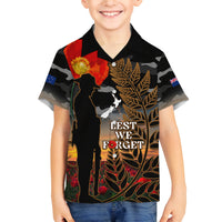 New Zealand ANZAC Day Family Matching Off Shoulder Short Dress and Hawaiian Shirt Lest We Forget Silver Fern With Camouflage LT14 Son's Shirt Black - Polynesian Pride