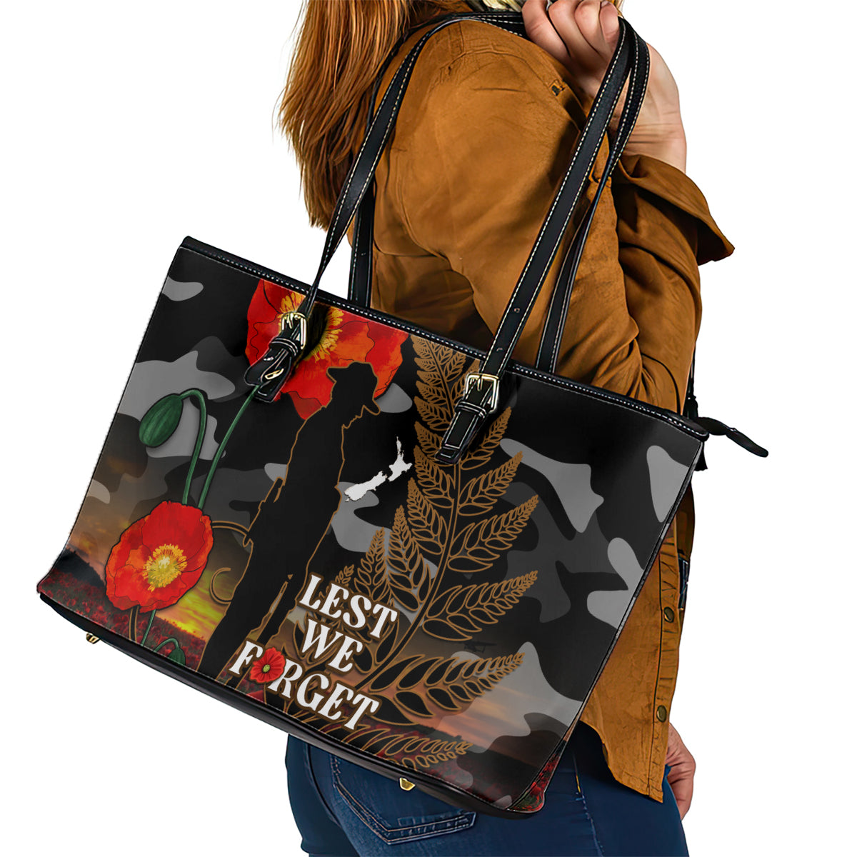 New Zealand ANZAC Day Leather Tote Bag Lest We Forget Silver Fern With Camouflage LT14 - Polynesian Pride