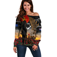 New Zealand ANZAC Day Off Shoulder Sweater Lest We Forget Silver Fern With Camouflage LT14 Women Black - Polynesian Pride