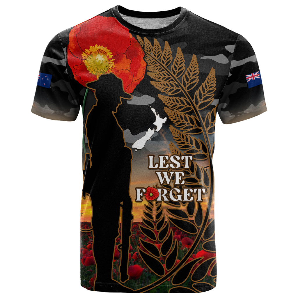 New Zealand ANZAC Day T Shirt Lest We Forget Silver Fern With Camouflage LT14 Black - Polynesian Pride