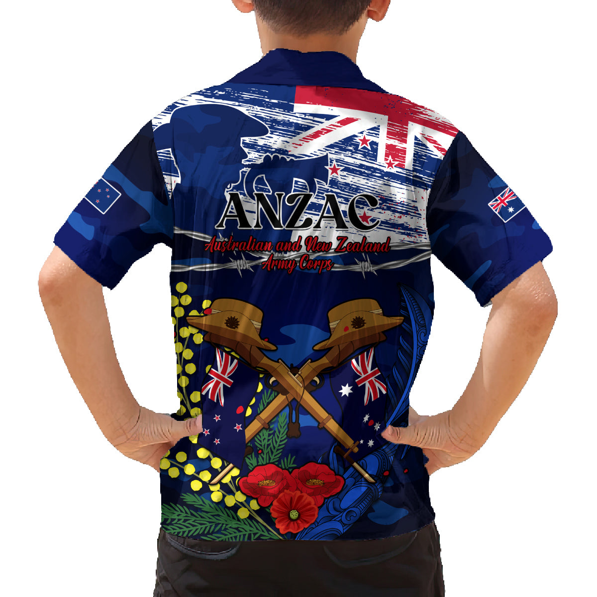 Australia And New Zealand ANZAC Day Family Matching Off Shoulder Short Dress and Hawaiian Shirt Lest We Forget Silver Fern With Golden Wattle LT14 - Polynesian Pride