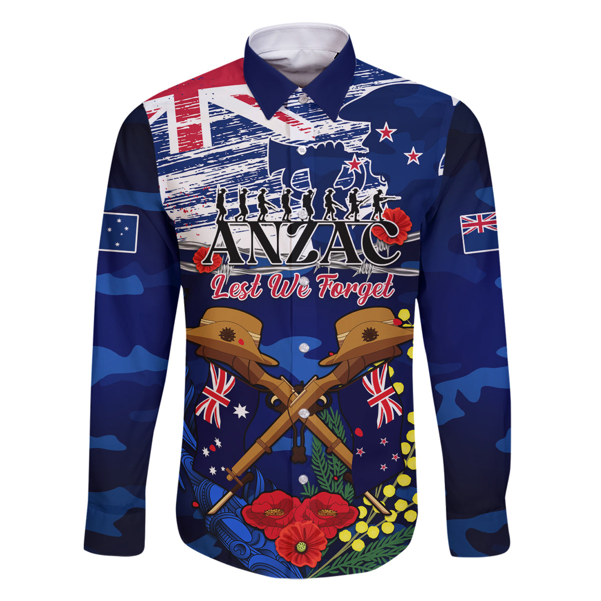 Australia And New Zealand ANZAC Day Family Matching Off Shoulder Short Dress and Hawaiian Shirt Lest We Forget Silver Fern With Golden Wattle LT14 Dad's Shirt - Long Sleeve Blue - Polynesian Pride