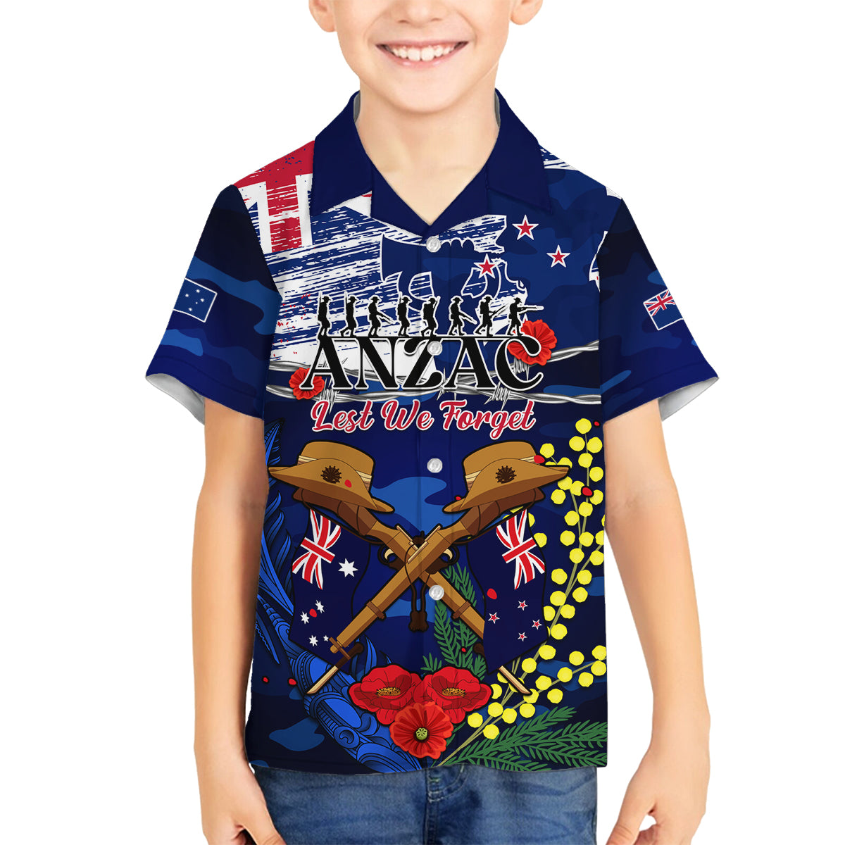 Australia And New Zealand ANZAC Day Family Matching Tank Maxi Dress and Hawaiian Shirt Lest We Forget Silver Fern With Golden Wattle LT14 Son's Shirt Blue - Polynesian Pride