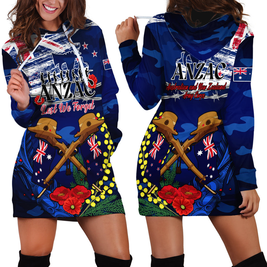 Australia And New Zealand ANZAC Day Hoodie Dress Lest We Forget Silver Fern With Golden Wattle LT14 - Polynesian Pride