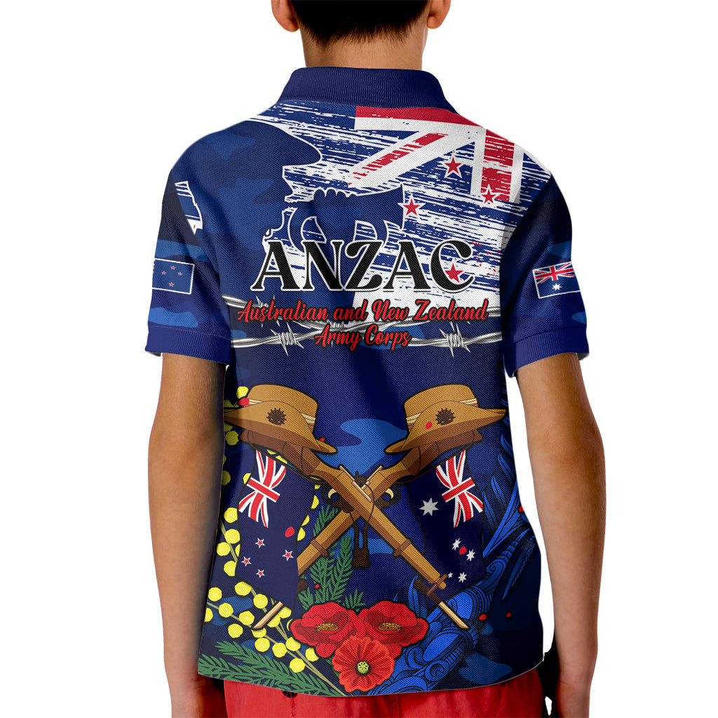 Australia And New Zealand ANZAC Day Kid Polo Shirt Lest We Forget Silver Fern With Golden Wattle LT14 - Polynesian Pride