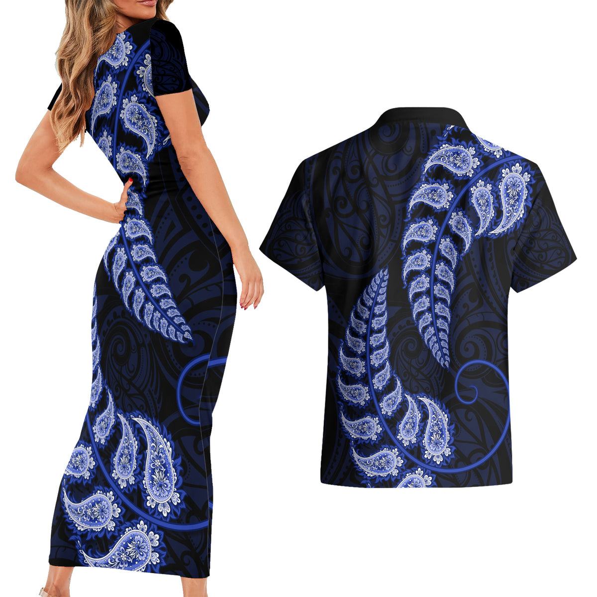Blue New Zealand Paisley Silver Fern Couples Matching Short Sleeve Bodycon Dress and Hawaiian Shirt Aotearoa Maori LT14 - Polynesian Pride