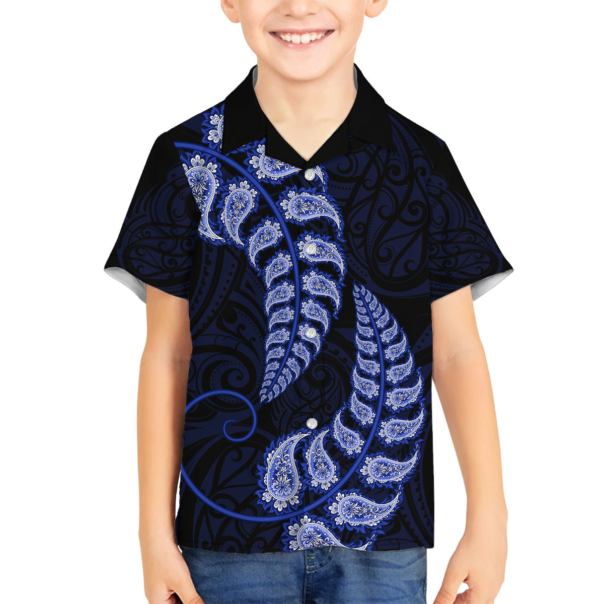 Blue New Zealand Paisley Silver Fern Family Matching Long Sleeve Bodycon Dress and Hawaiian Shirt Aotearoa Maori LT14 Son's Shirt Blue - Polynesian Pride