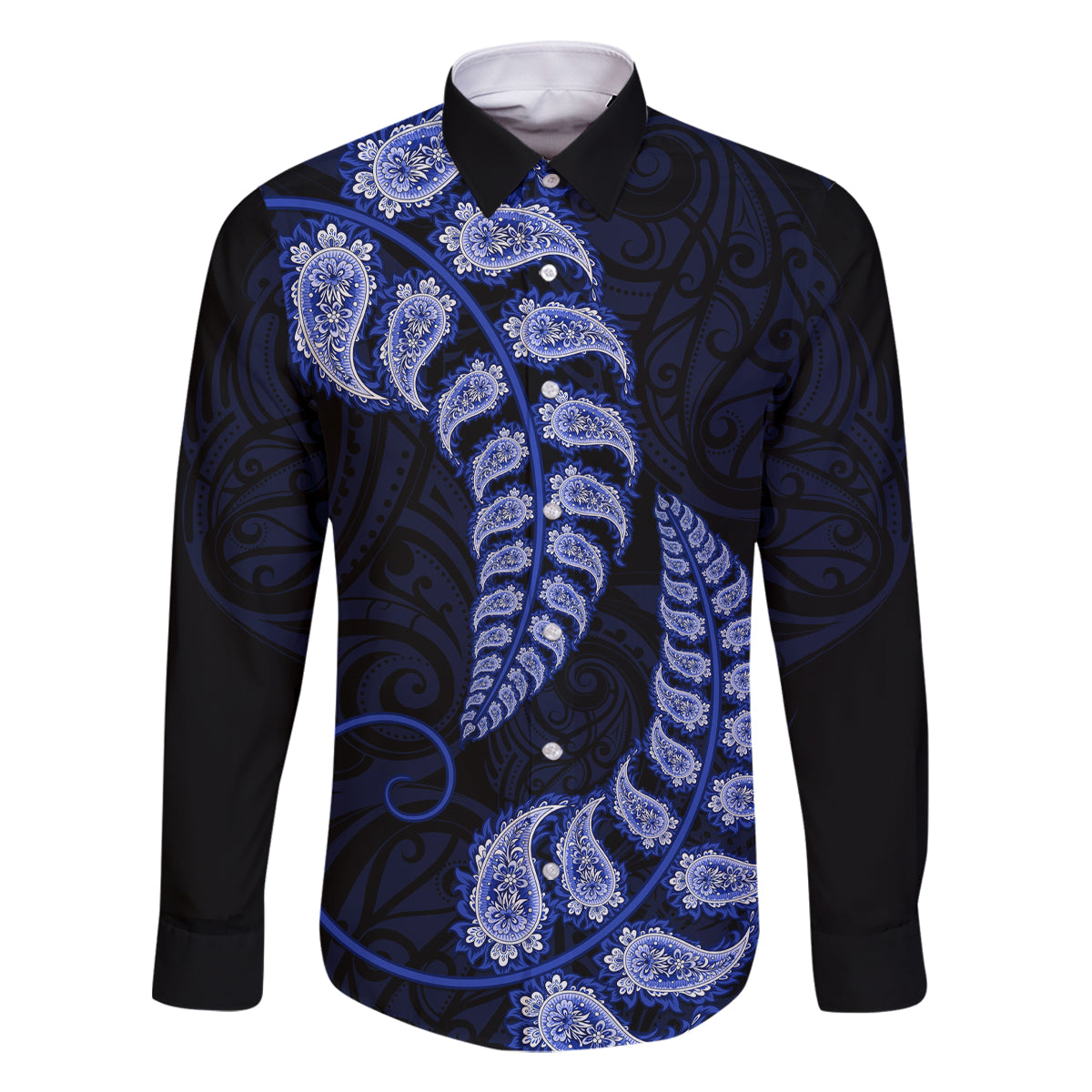 Blue New Zealand Paisley Silver Fern Family Matching Tank Maxi Dress and Hawaiian Shirt Aotearoa Maori LT14 Dad's Shirt - Long Sleeve Blue - Polynesian Pride