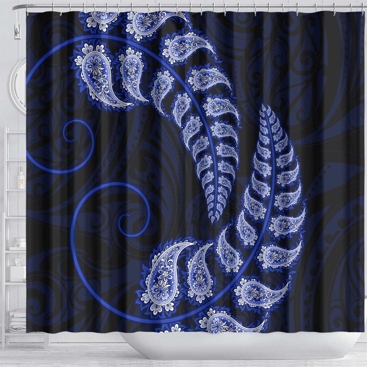 Blue New Zealand Paisley Silver Fern Shower Curtain Aotearoa Maori LT14 - Polynesian Pride