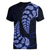 Blue New Zealand Paisley Silver Fern Women V Neck T Shirt Aotearoa Maori LT14 - Polynesian Pride
