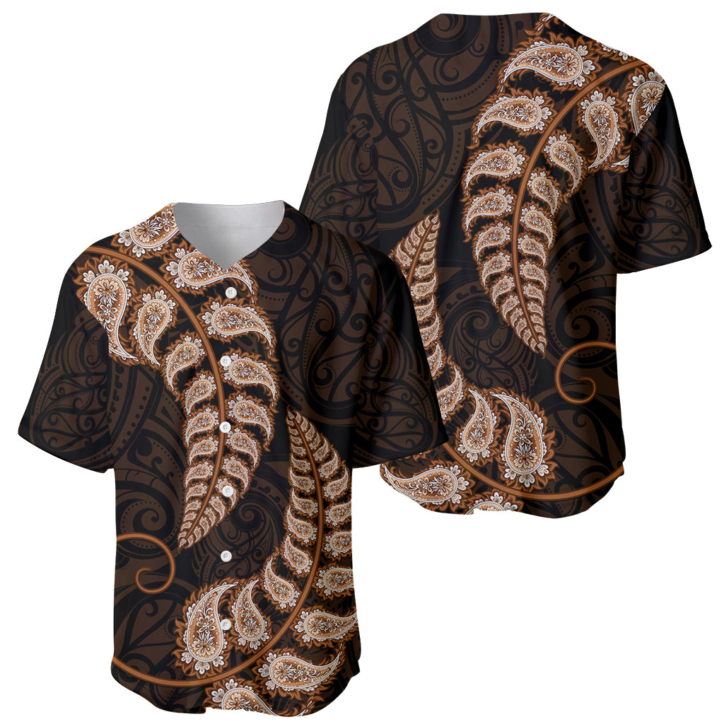 Brown New Zealand Paisley Silver Fern Baseball Jersey Aotearoa Maori LT14 - Polynesian Pride