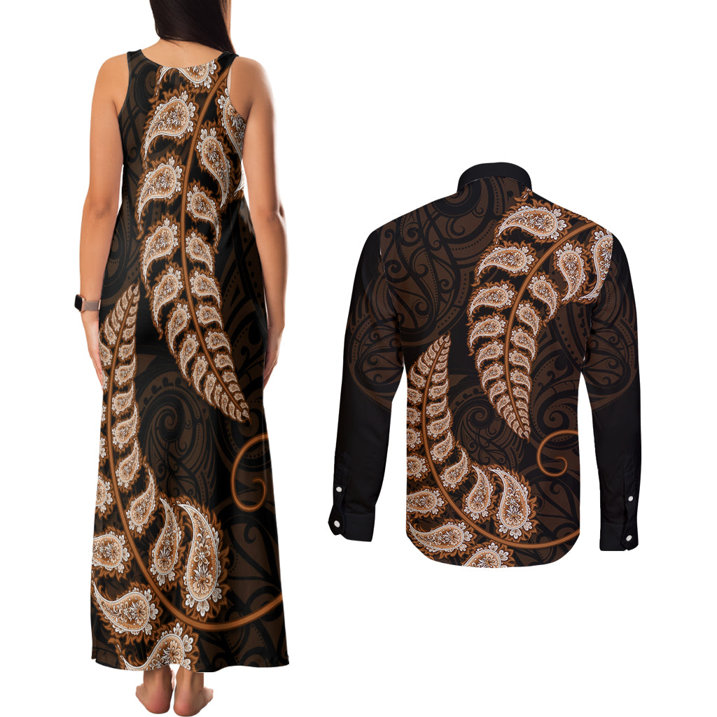 Brown New Zealand Paisley Silver Fern Couples Matching Tank Maxi Dress and Long Sleeve Button Shirt Aotearoa Maori LT14 - Polynesian Pride