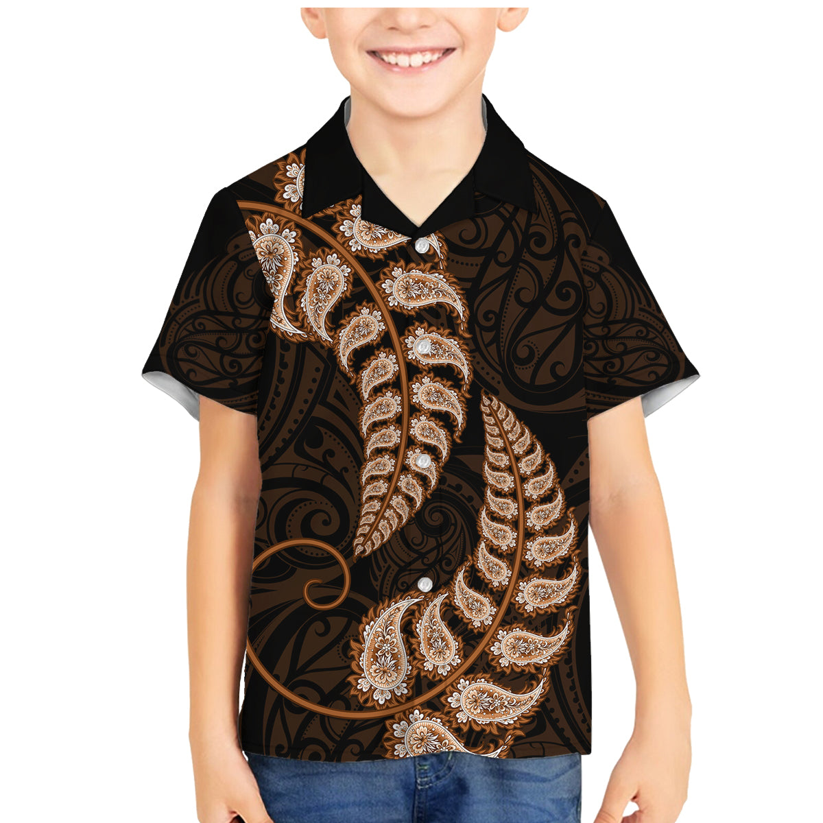 Brown New Zealand Paisley Silver Fern Family Matching Mermaid Dress and Hawaiian Shirt Aotearoa Maori LT14 Son's Shirt Brown - Polynesian Pride