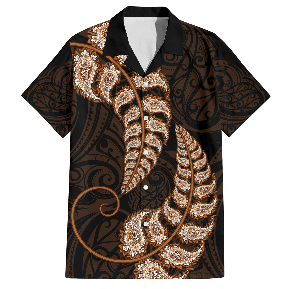Brown New Zealand Paisley Silver Fern Family Matching Off Shoulder Maxi Dress and Hawaiian Shirt Aotearoa Maori LT14 Dad's Shirt - Short Sleeve Brown - Polynesian Pride