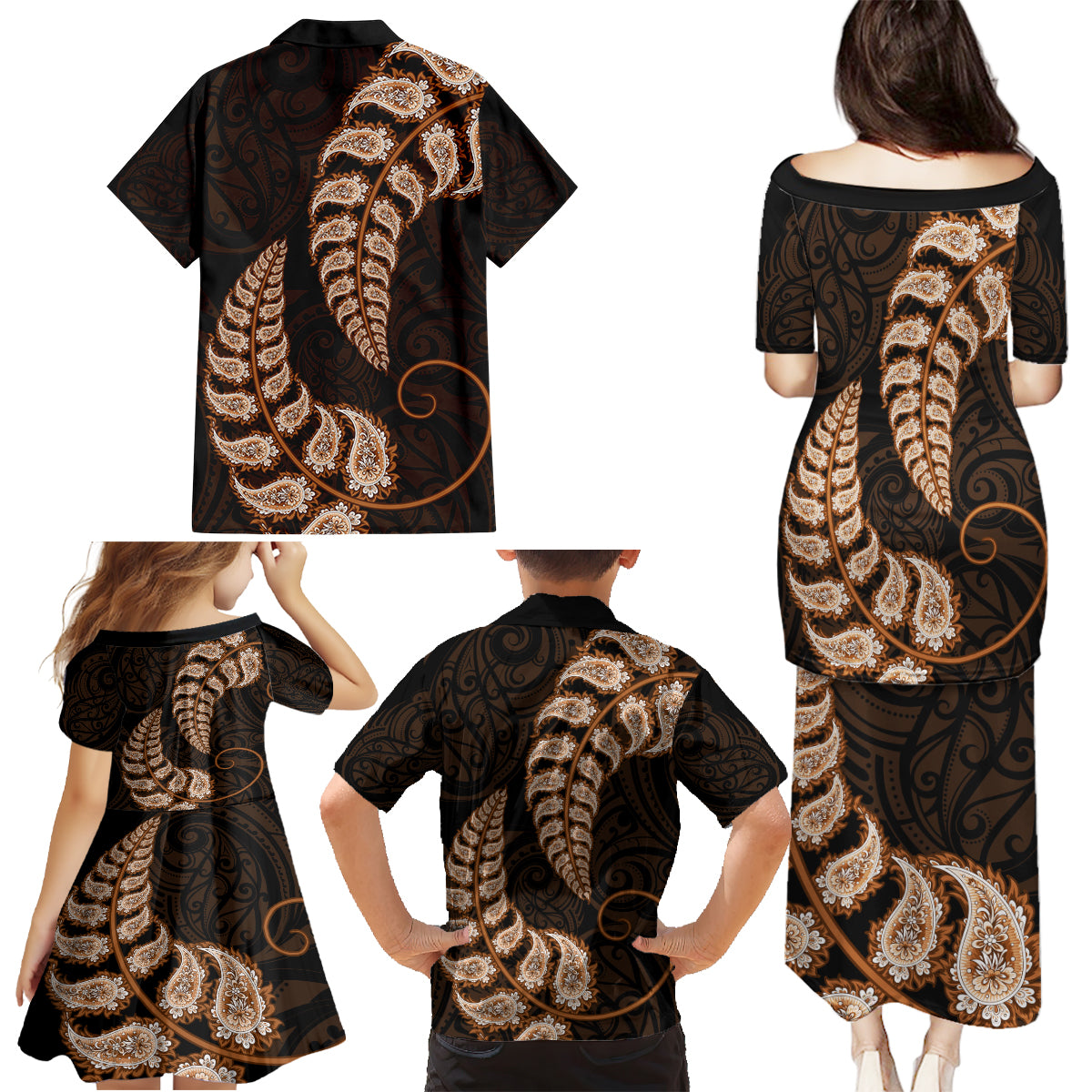 Brown New Zealand Paisley Silver Fern Family Matching Puletasi Dress and Hawaiian Shirt Aotearoa Maori LT14 - Polynesian Pride