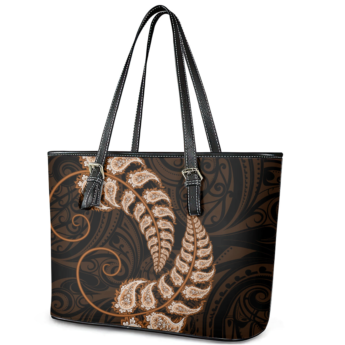 Brown New Zealand Paisley Silver Fern Leather Tote Bag Aotearoa Maori LT14 - Polynesian Pride