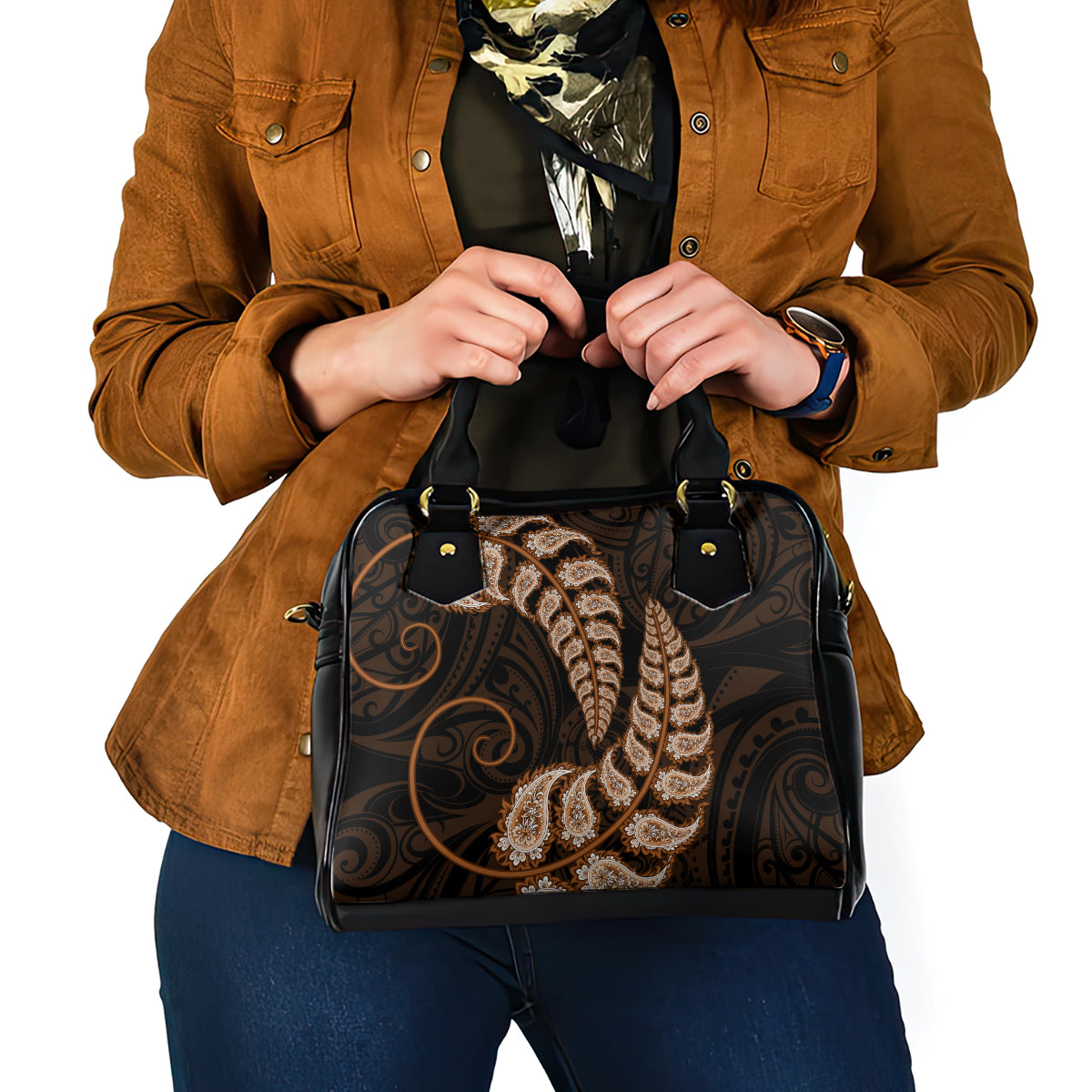 Brown New Zealand Paisley Silver Fern Shoulder Handbag Aotearoa Maori LT14 - Polynesian Pride